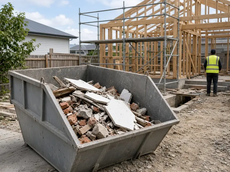 Skip bin full of bricks and plasterboard on a house building site