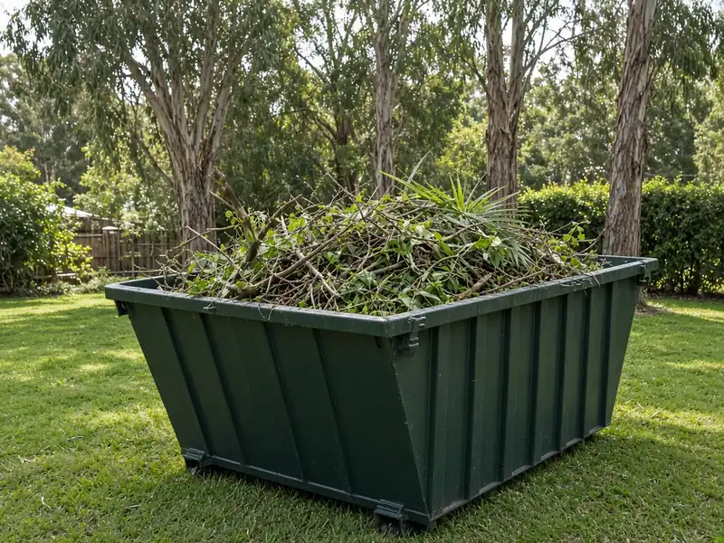 Skip bin piled with branches and garden waste on a backyard lawn