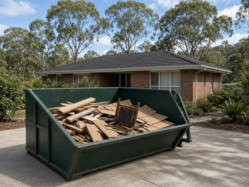 Green skip bin on a home driveway, loaded with old timber and a broken chair