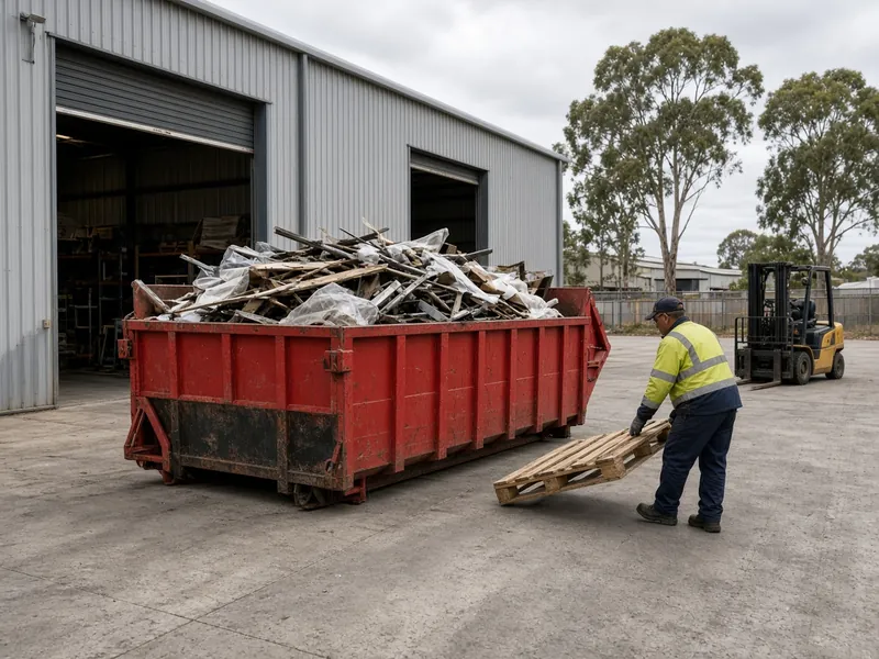 Worker loading pallets into a large bin at a warehouse in an industrial estate