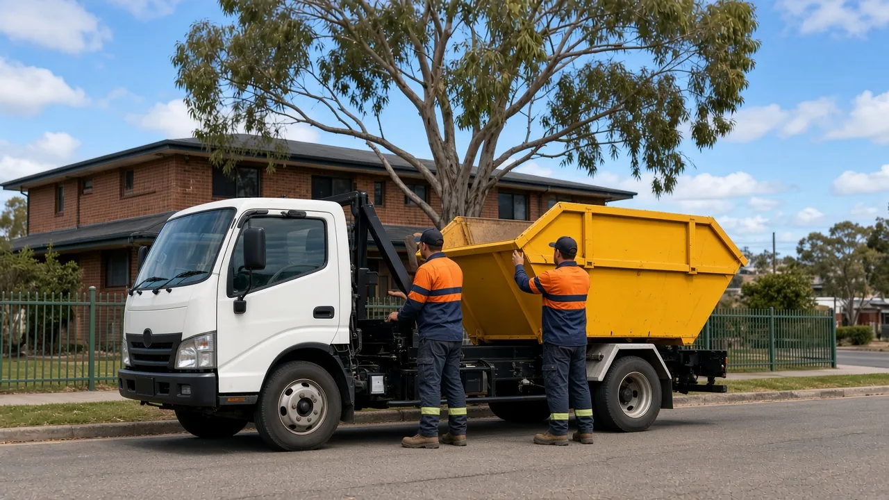 Two workers in hi-vis loading a yellow skip bin onto a truck in a residential street