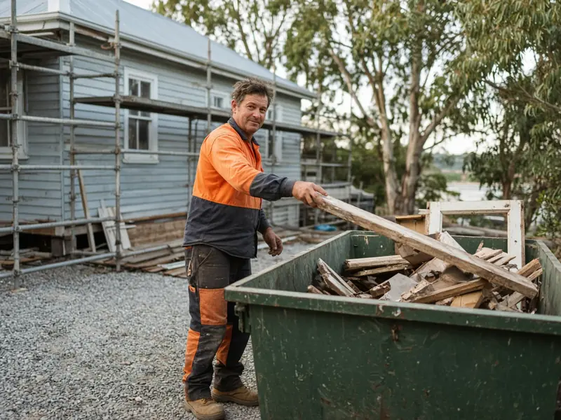 Tradie loading renovation timber into a skip bin at a cottage