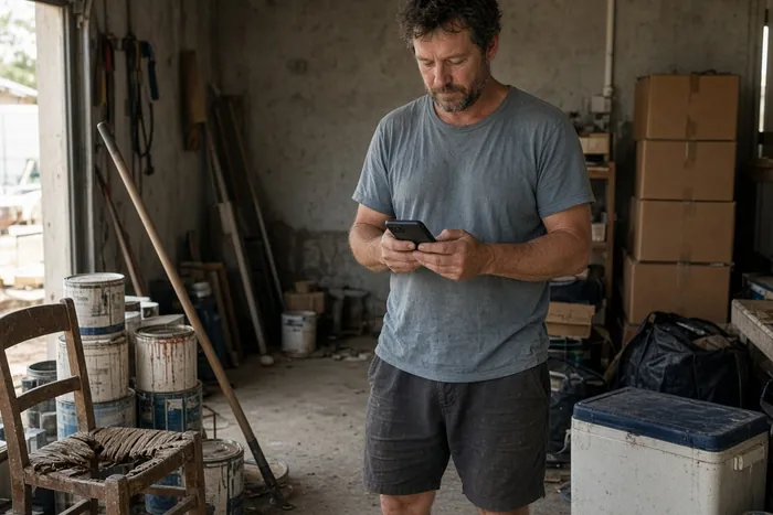 Homeowner requesting a skip bin quote on his phone during a garage clean-out
