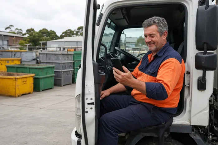 Local skip bin operator reading a quote request in his truck