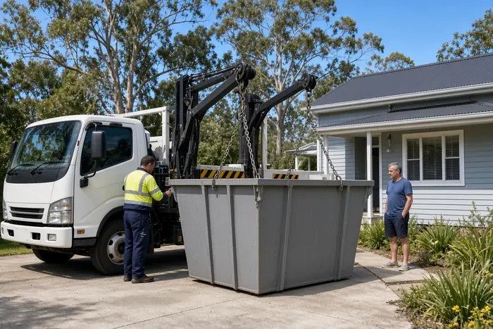 Skip bin being delivered to a driveway in the Shoalhaven